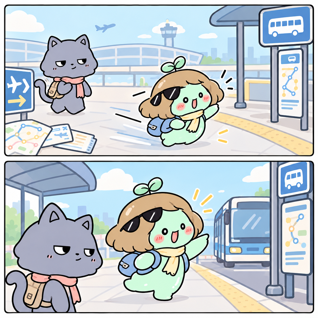 펭은 くうこう를 こうくう라고 거꾸로 읽었습니다. 그래서 공항이 아니라 버스 정류장으로 미끄러졌습니다.