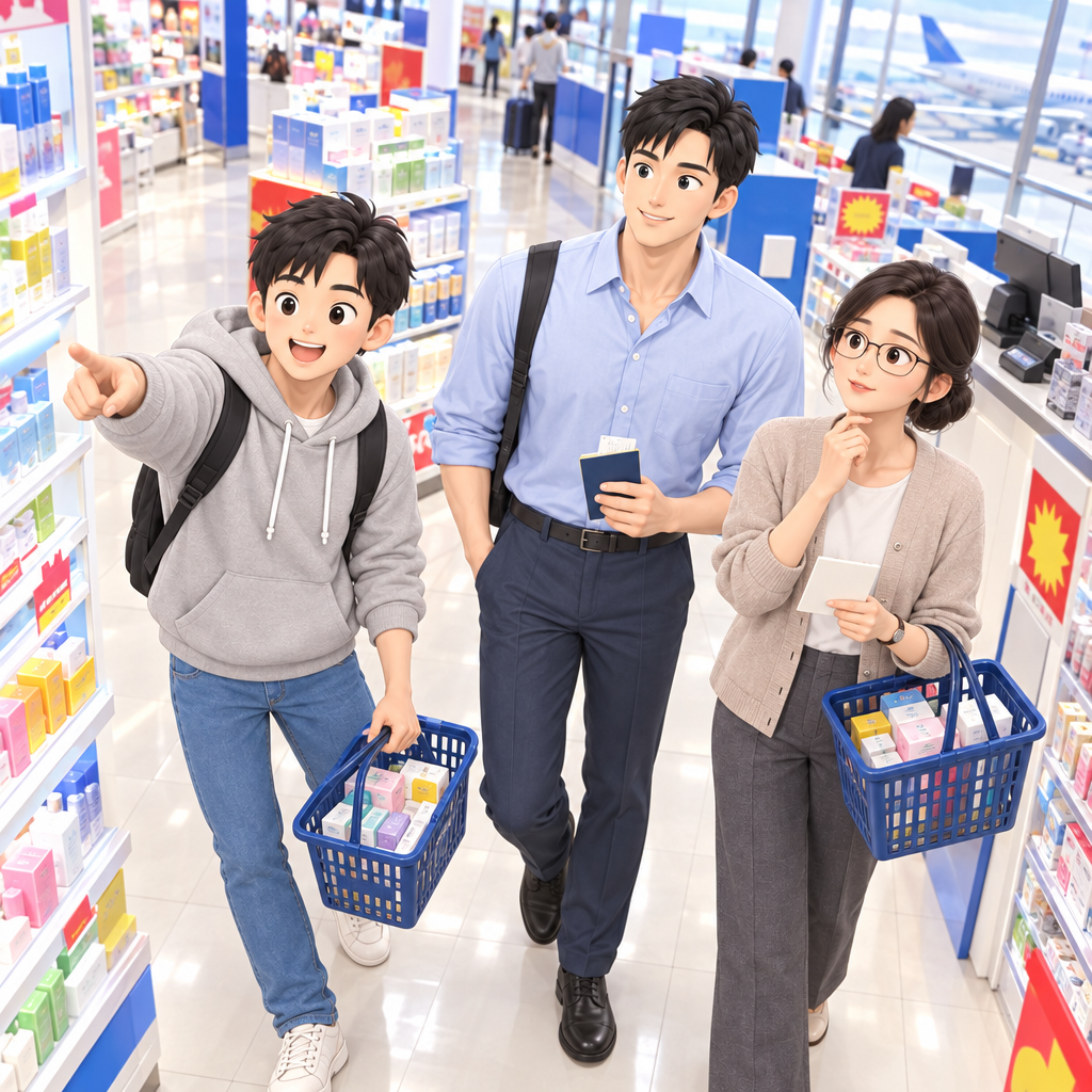三人は空港近くのドラッグストアに入りました。店内で場所を聞く基本形は「Aはどこですか」です。
