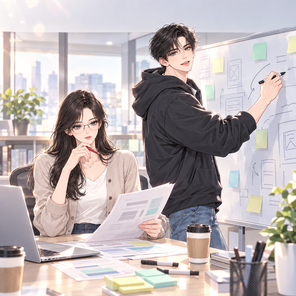 민재는 제품 장점만 내세우고 타깃 고객을 비워 두었다. 서연은 투자자에게 보여 줄 자료를 미리 검토하며 고객·가치·채널·수익이 빠진 자리를 표시했다.