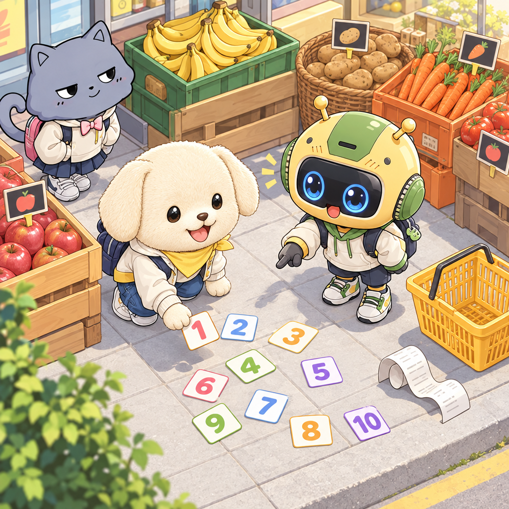 몽이 picks up cards from the shop sidewalk. The cards help them say numbers from one to ten.