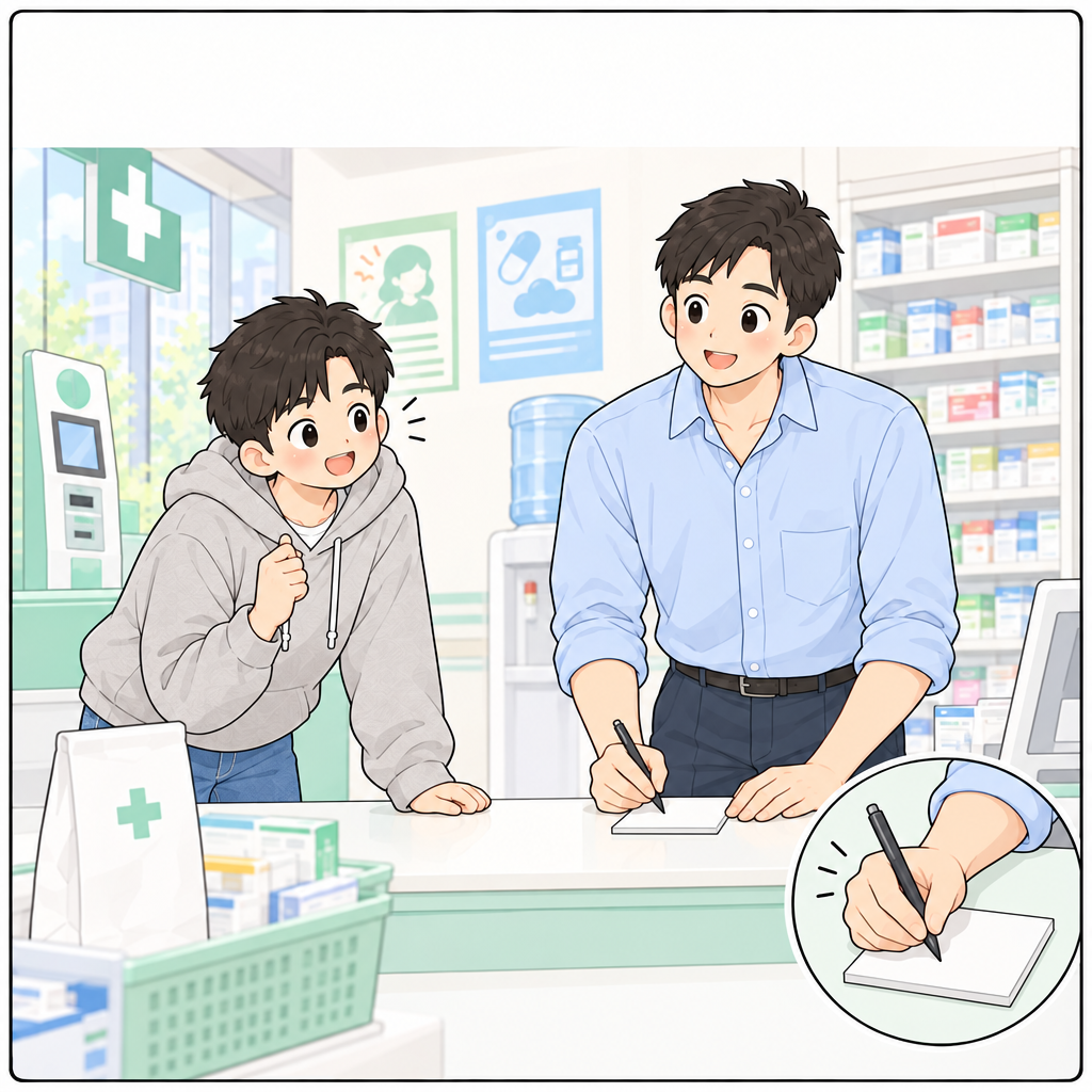 준は正しい言い方をメモに書き、민재に見せました。「頭が痛いです」は、頭の痛みをまっすぐ伝える表現です。