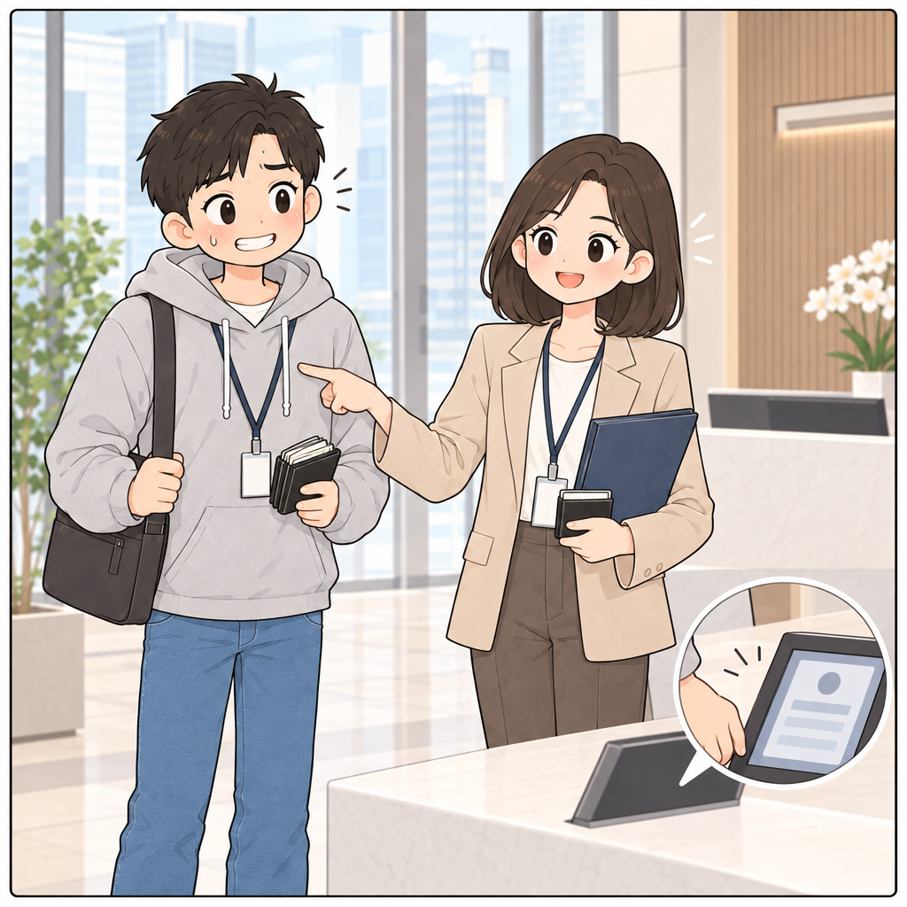 민재의 첫 문장은 무사히 통과했지만, 접수대 앞에서 손이 다시 명함 케이스로 갑니다. 실수 하나가 계약 분위기를 바꿀 수 있다는 생각이 오히려 긴장을 키웁니다.