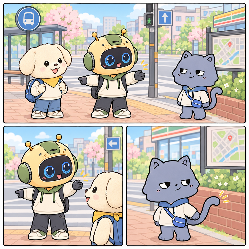 The robot_child_male_chibi_mascot_002 gives a route from the corner. Go straight means 쭉 가다, and turn left means 왼쪽으로 돌다.