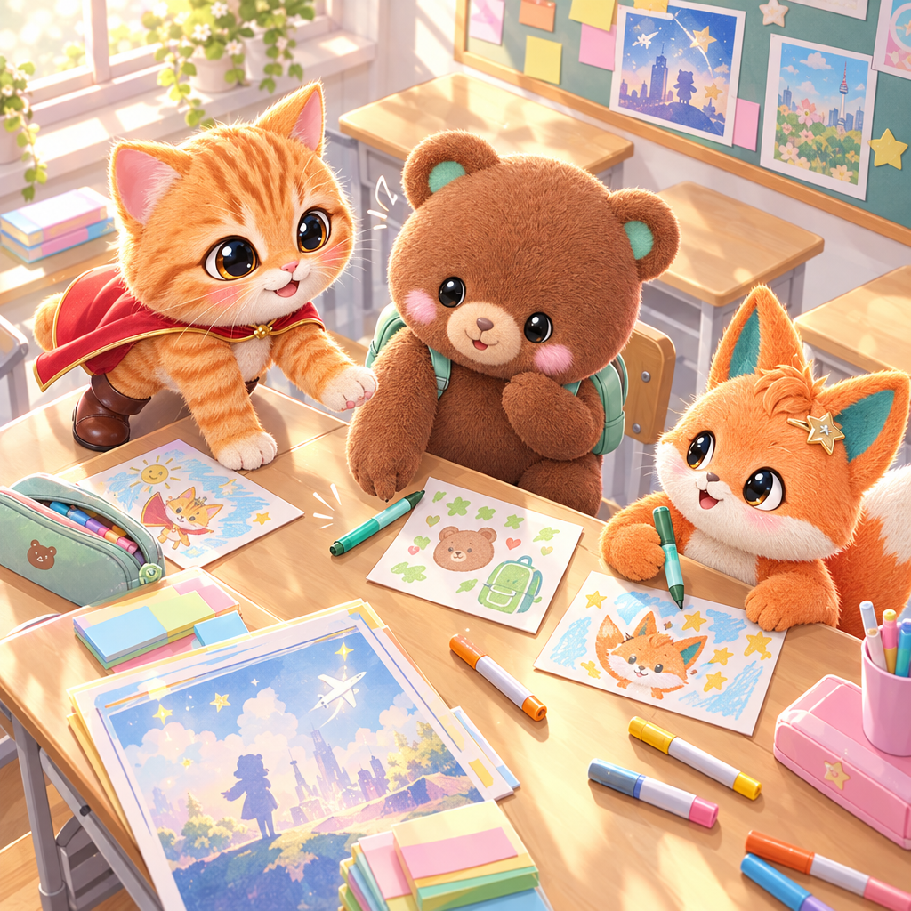 朝の教室で、三人はゆめのカードを作り始めました。ゆめは「꿈」이고, 부츠는 자신의 장래 희망을 쓰려고 합니다.