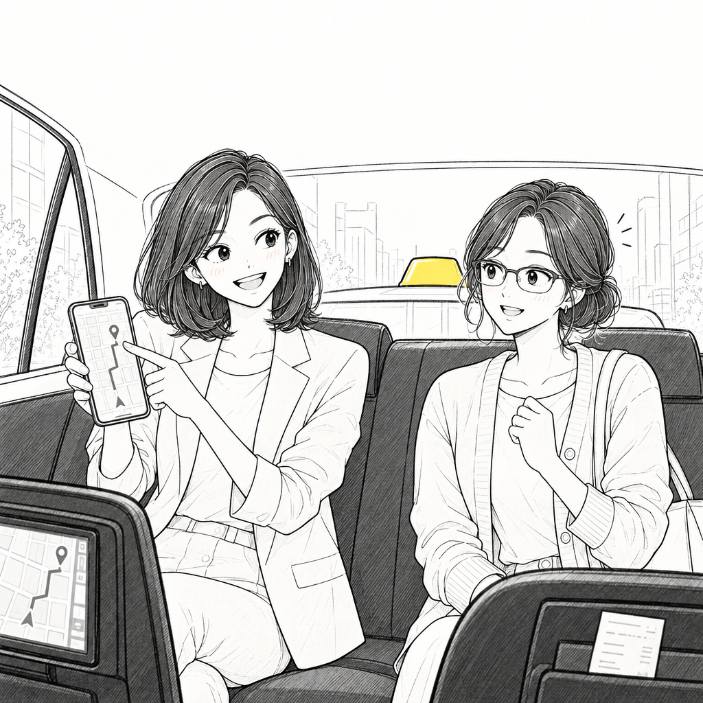 하나はすぐに言い直し、タクシーは走り出します。「ここに」ではなく「ここまで」と言うと、目的地の終点を伝えられます。
