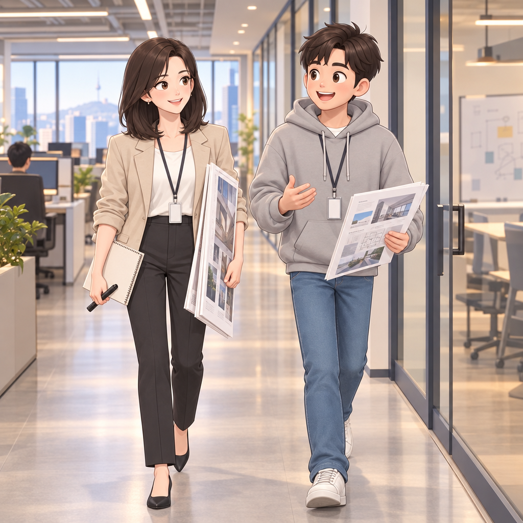 발표를 앞두고 하나는 출력물을 회의실로 옮깁니다. 원근법은 3차원 세계를 2차원 평면에 옮겨 멀고 가까운 거리감을 느끼게 하는 방법입니다.