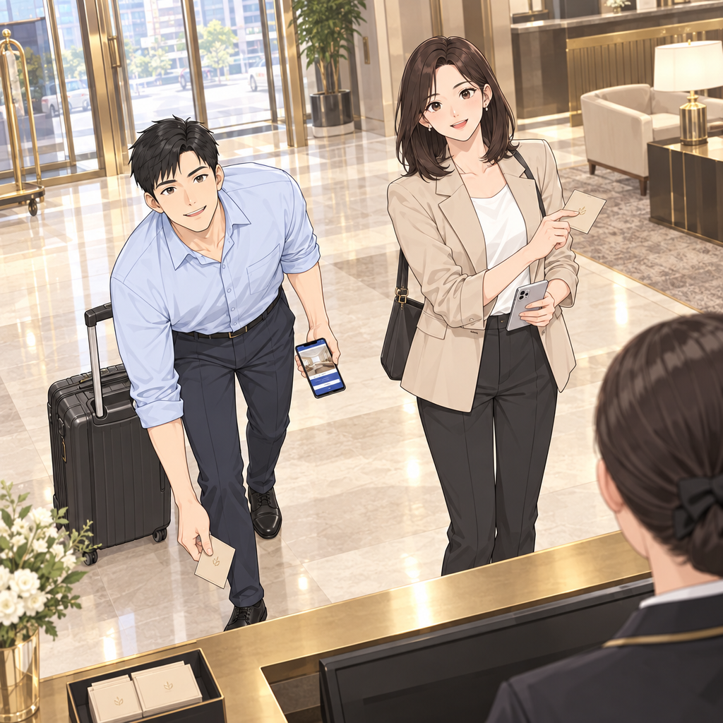 준은 출장길에 호텔 로비에 들어와 떨어진 키 카드 슬리브를 주웠다. 체크인의 첫 문장은 예약이 있다는 사실을 분명히 전하는 것이다.