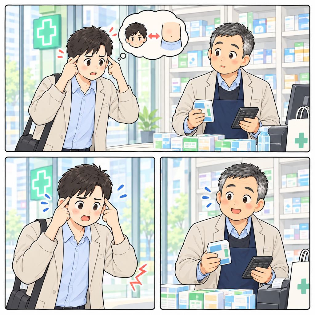 준은 관자놀이를 누르는 자신의 신호를 보고 정확한 증상을 떠올린다. ‘头’는 머리, ‘肚子’는 배라서 둘을 바꾸면 약도 달라질 수 있다.