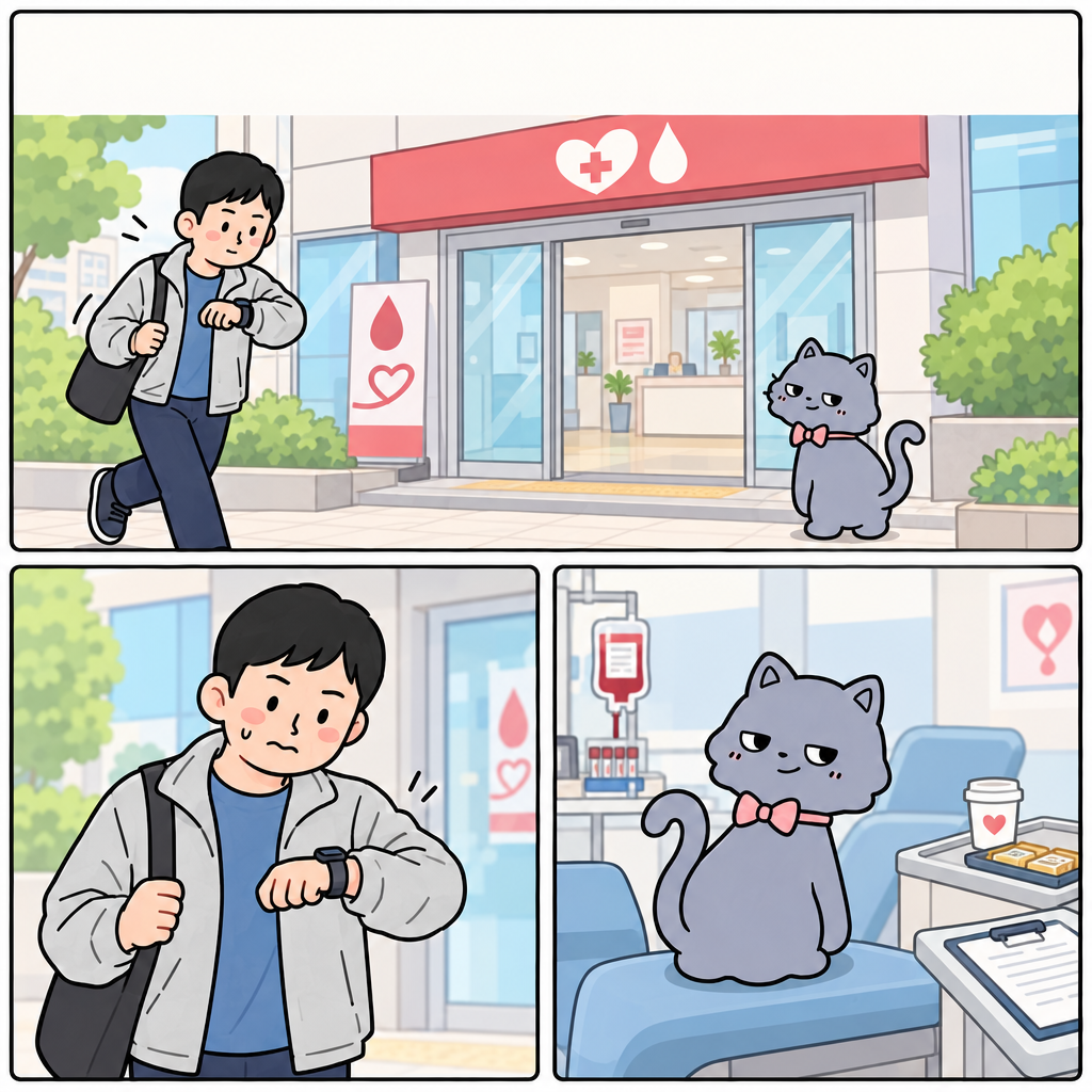 점심 약속에 늦은 박동진은 헌혈의 집 입구를 스치다가 발걸음을 멈춥니다. 개인 헌혈은 헌혈의 집, 헌혈 카페, 헌혈 버스에서 할 수 있습니다.
