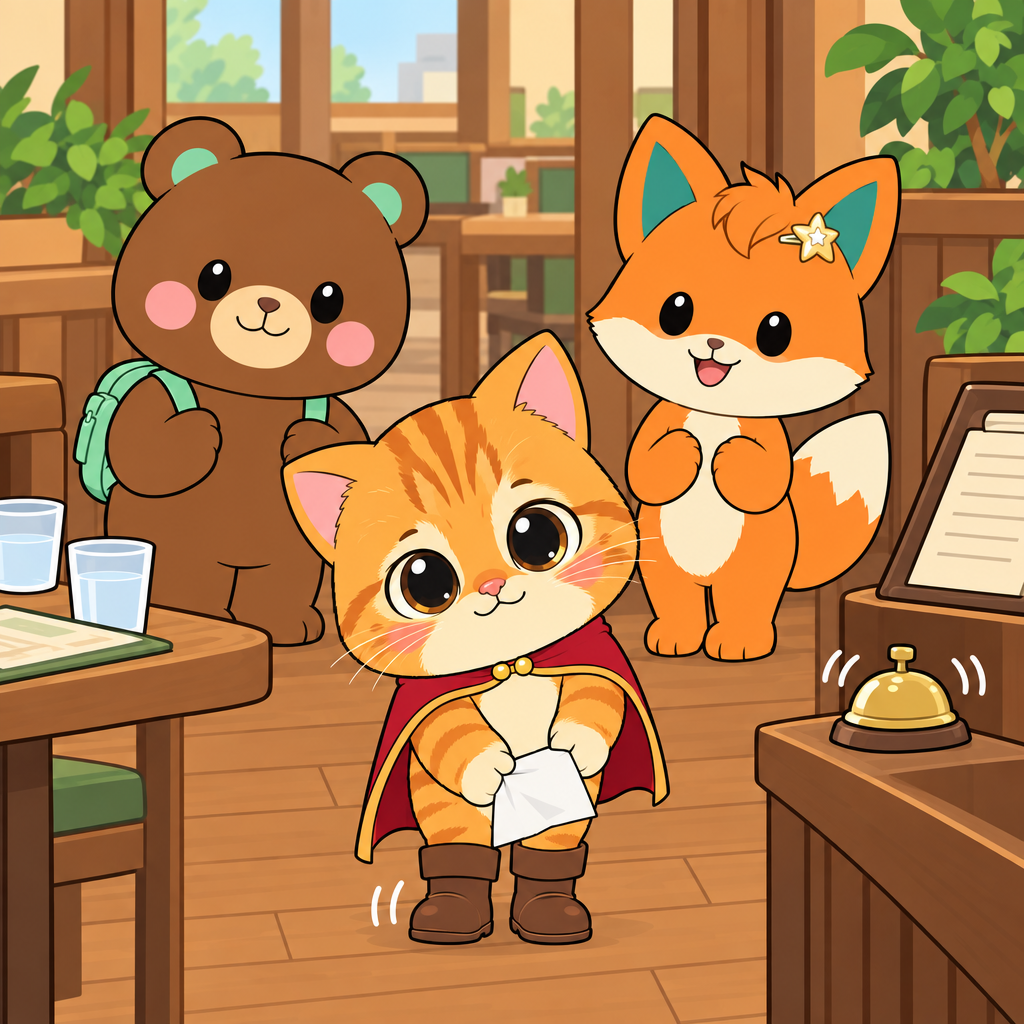 よやくがないので、三人は少し待つことになりました。待つ間、부츠は落ちたナプキンを拾って、ていねいにあやまりました。