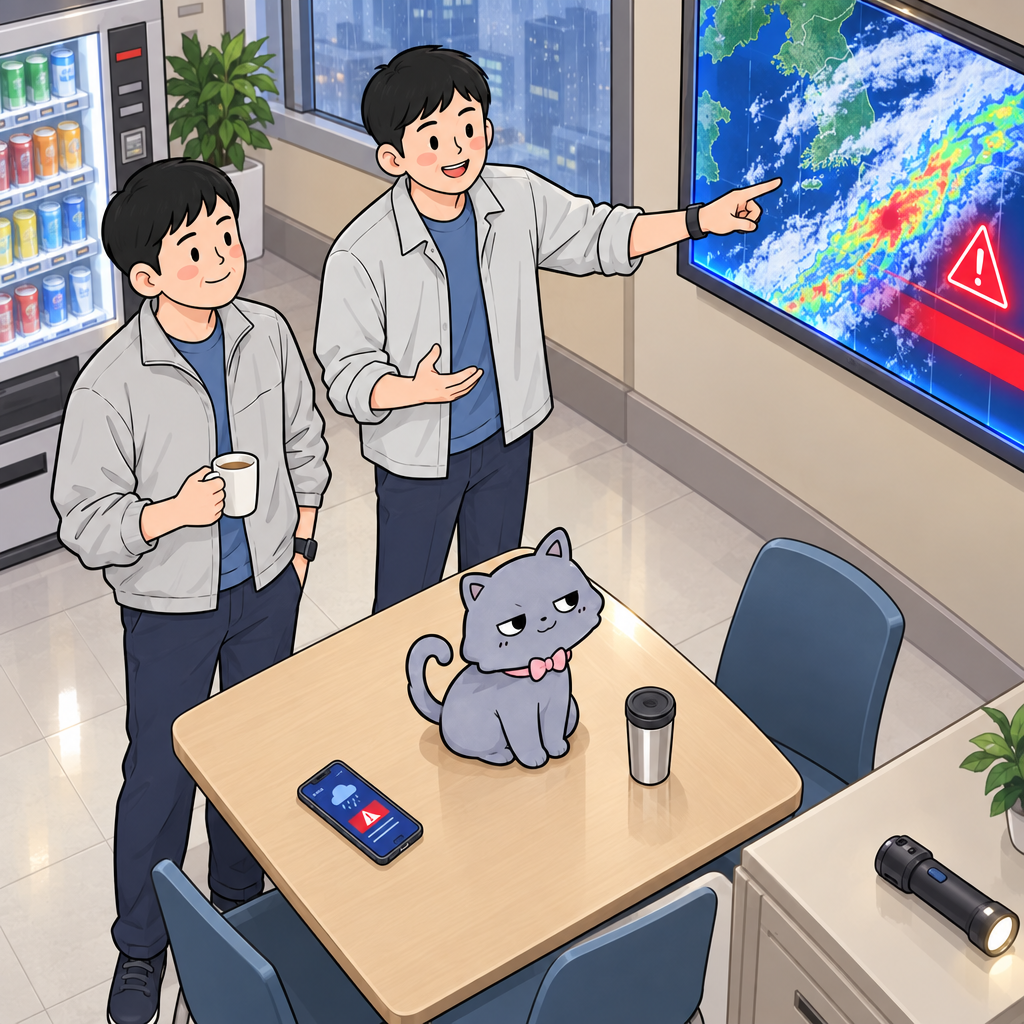 사무실 휴게실 TV에 태풍 속보가 켜지자 셋의 관심은 먼저 이름으로 쏠립니다. 하지만 북서태평양에서 태풍으로 발달했는지 공식 발표하고 이름을 붙이는 권한은 일본 도쿄의 지역 특별기상센터 RSMC Tokyo에 있습니다.