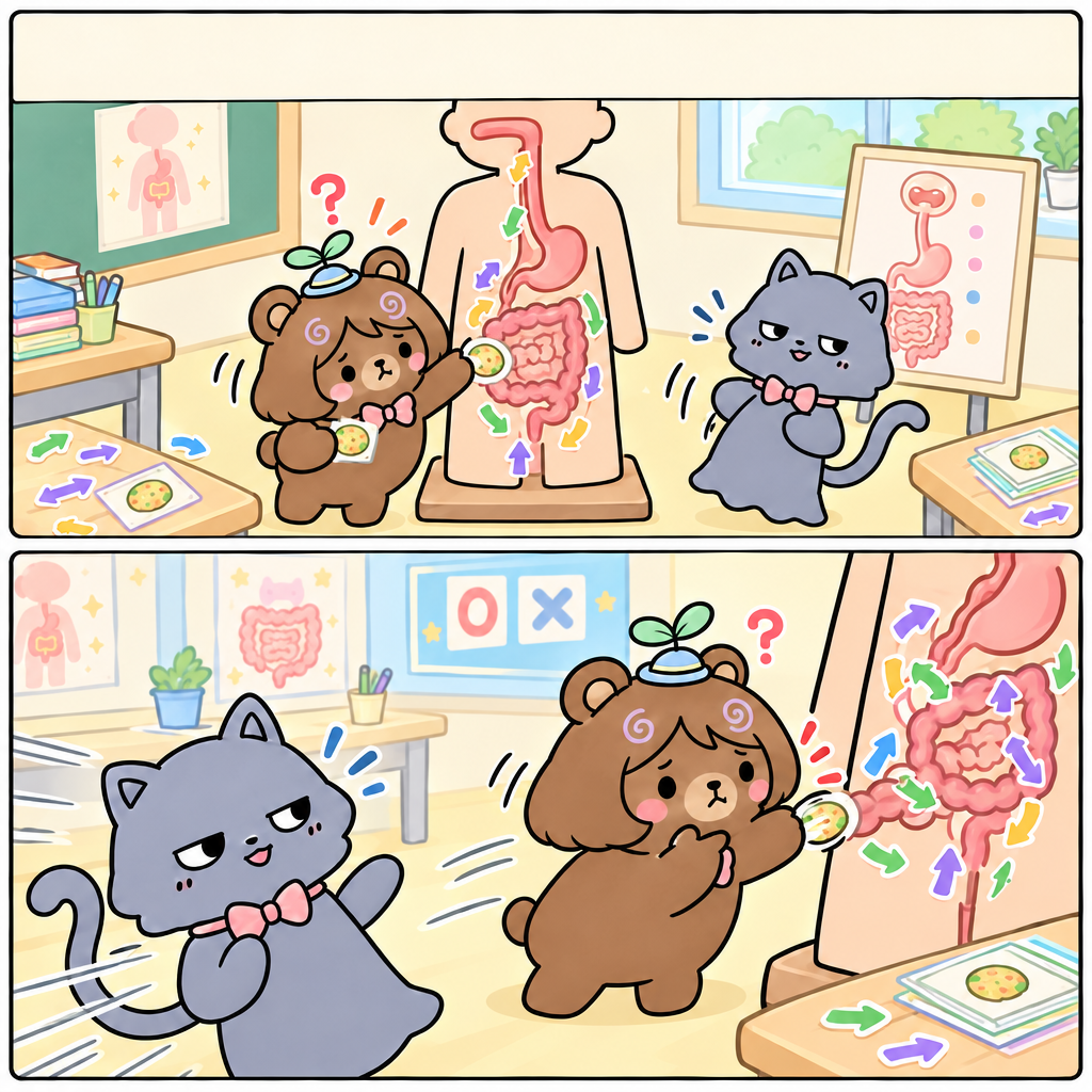음식물은 입에서 시작해 식도와 위를 지나간다. 작은창자에서 영양분을 흡수하고 큰창자를 거쳐 항문으로 배출된다.