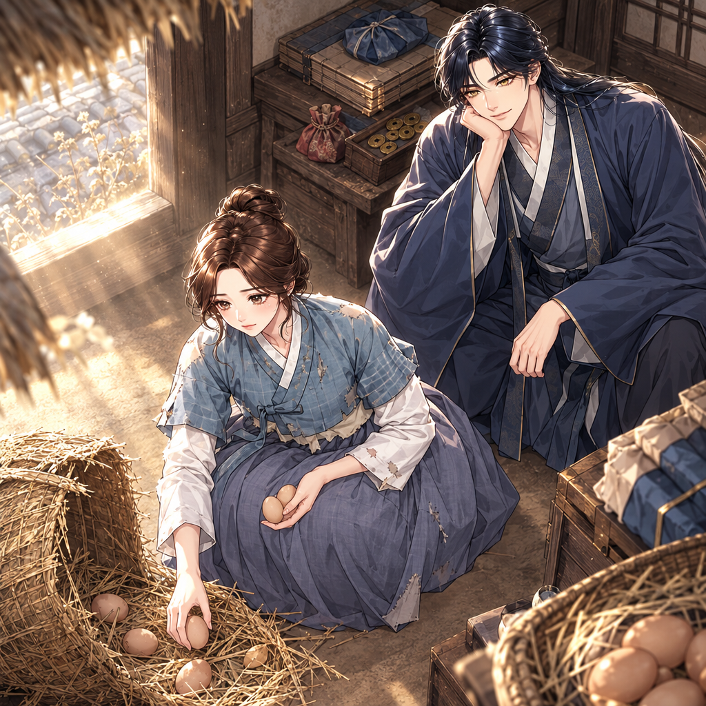 허생 아내는 남은 달걀과 찢어진 바구니를 함께 살핀다. 한곳에 몰아넣기 전부터 손실 가능성인 위험을 살피는 장면이다.