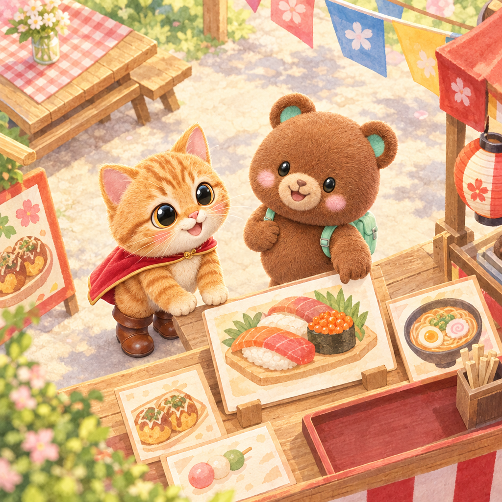 二人は食べ物カードを見ています。食べ物は「たべもの」と言います。