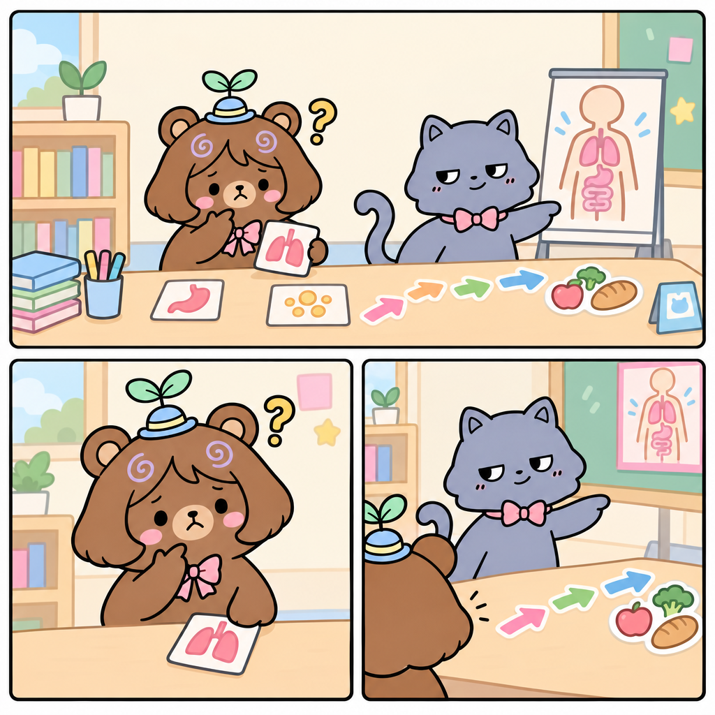 몸속 길찾기 미션에서 곰곰이 소화와 호흡을 헷갈렸다. 소화는 음식물을 잘게 분해하여 영양분을 흡수하는 과정이다.