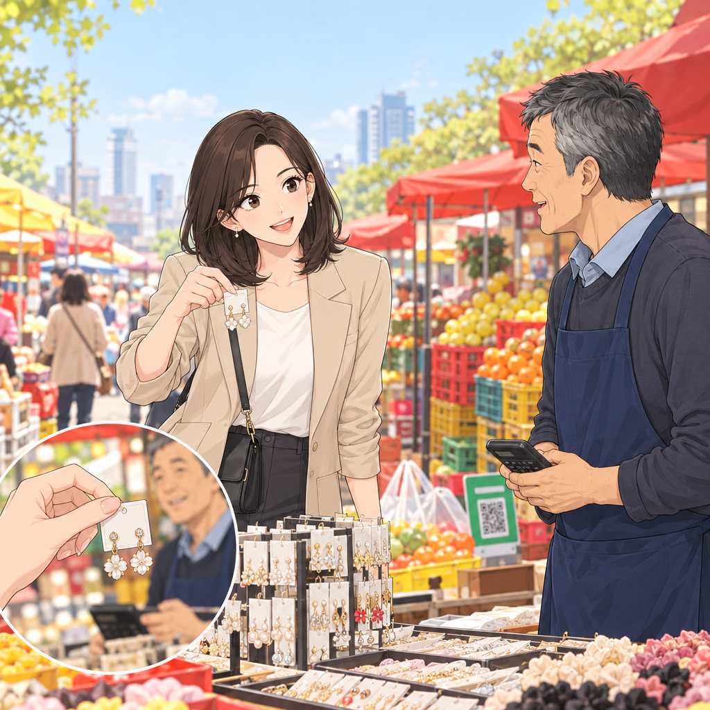 耳环没有清楚的价格，先问价最稳妥。市场里可以直接说“这个多少钱？”，意思是“이거 얼마예요?”。