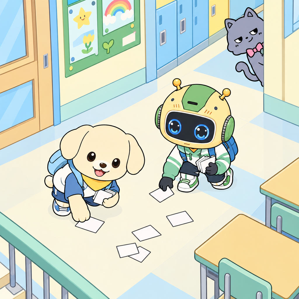 Hobby cards scatter across the hallway. A hobby is a fun activity you enjoy often.