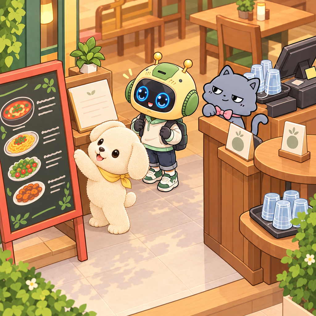 몽이 needs the menu, the food list, not the reservation sign. He asks to see the menu before choosing food.
