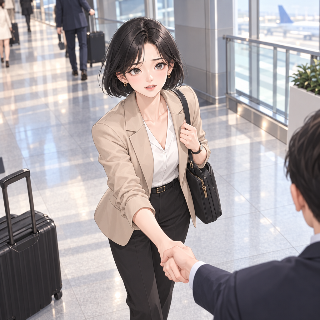 Mina는 중요한 미팅 전 공항에서 혼자 인사를 연습한다. 처음 만난 사람에게는 Nice to meet you 자체로 이미 처음 만났다는 뜻이 들어 있다.