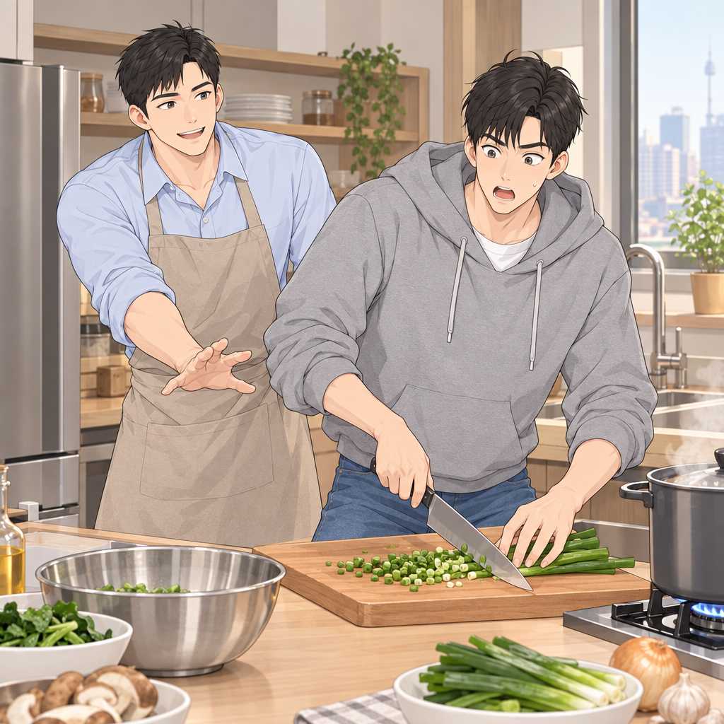민재는 국을 서두르다 손끝을 칼날 앞으로 내밀었습니다. 재료를 잡는 손은 손가락을 안쪽으로 오므린 고양이 손으로 만들어야 합니다.