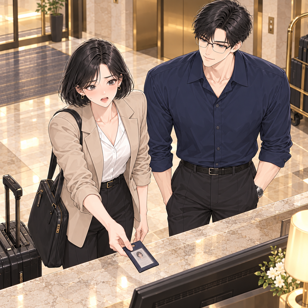 Mina flashes her office ID at the counter, but it cannot open a hotel reservation. Her running card joke begins before the real check-in ev…