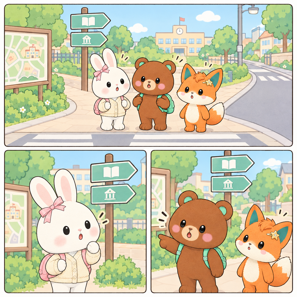 学校外的岔路口有两个方向，三个人一下子愣住了。问地点时用“在哪儿”，意思是“어디에 있어요”。