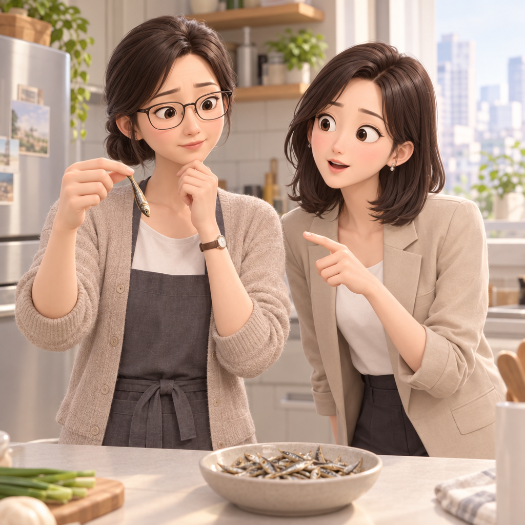 멸치 배 속의 내장을 제거하지 않으면 쓴맛이 난다. 서연은 손질 없이 냄비에 넣으려다 하나의 표정을 보고 멈췄다.