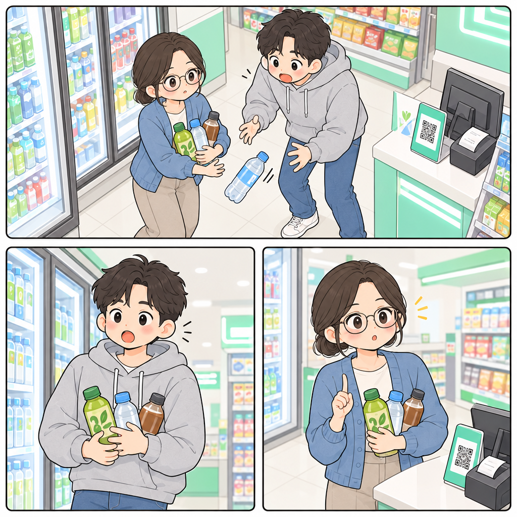 민재가 음료를 떨어뜨릴 뻔한 순간, 서연이 받아냈다. 계산대에서는 현금인지 카드인지 먼저 묻는 표현이 자주 나온다.