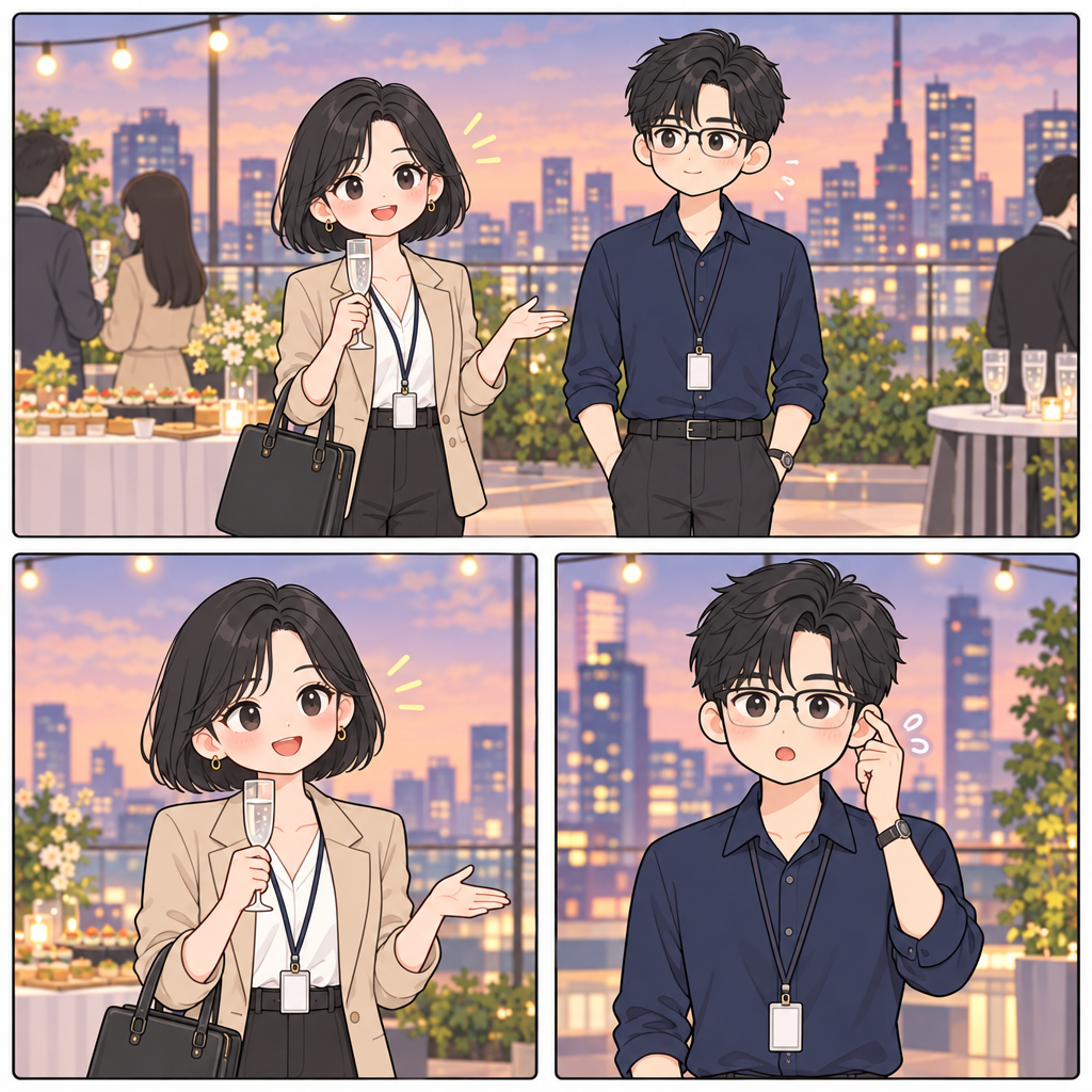 At the rooftop party, Mina must introduce herself and Jae. She says her job first, but her follow-up question comes out wrong.