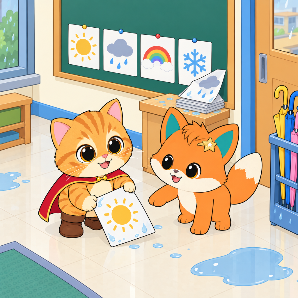 暑い太陽の絵を見て、부츠は今日の天気を文で言います。あついは「더운」이라는 뜻입니다.