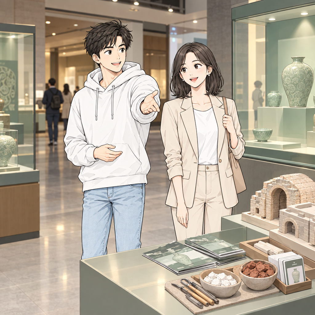 민재는 박물관 로비에서 관람객에게 전시실 위치를 알려 주고 자신만만하게 전시실에 들어간다. 고려에서 12세기 전반 분청색 도기를 생산하며 비색이라는 이름을 쓰기 시작했다.