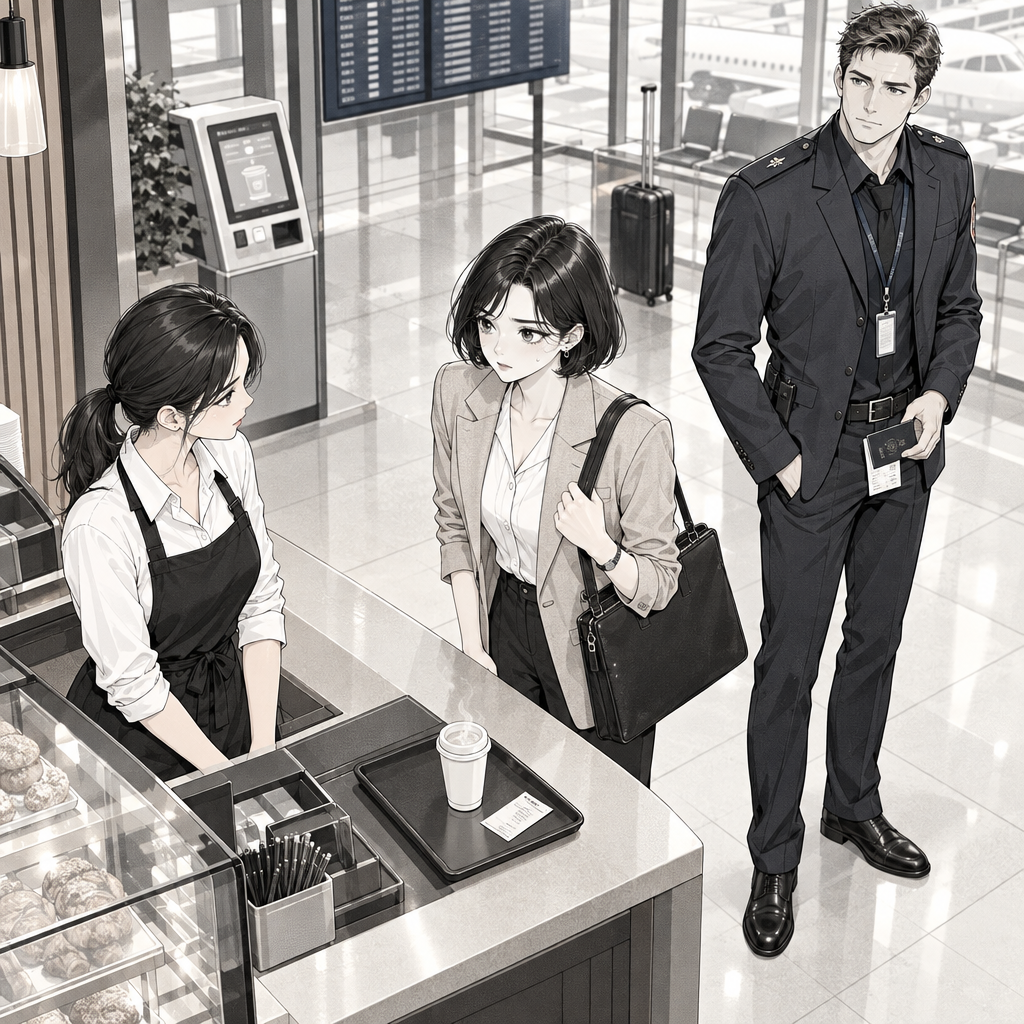 Mina has the wrong coffee, and boarding time is getting close. A direct complaint can sound sharper than she intends.