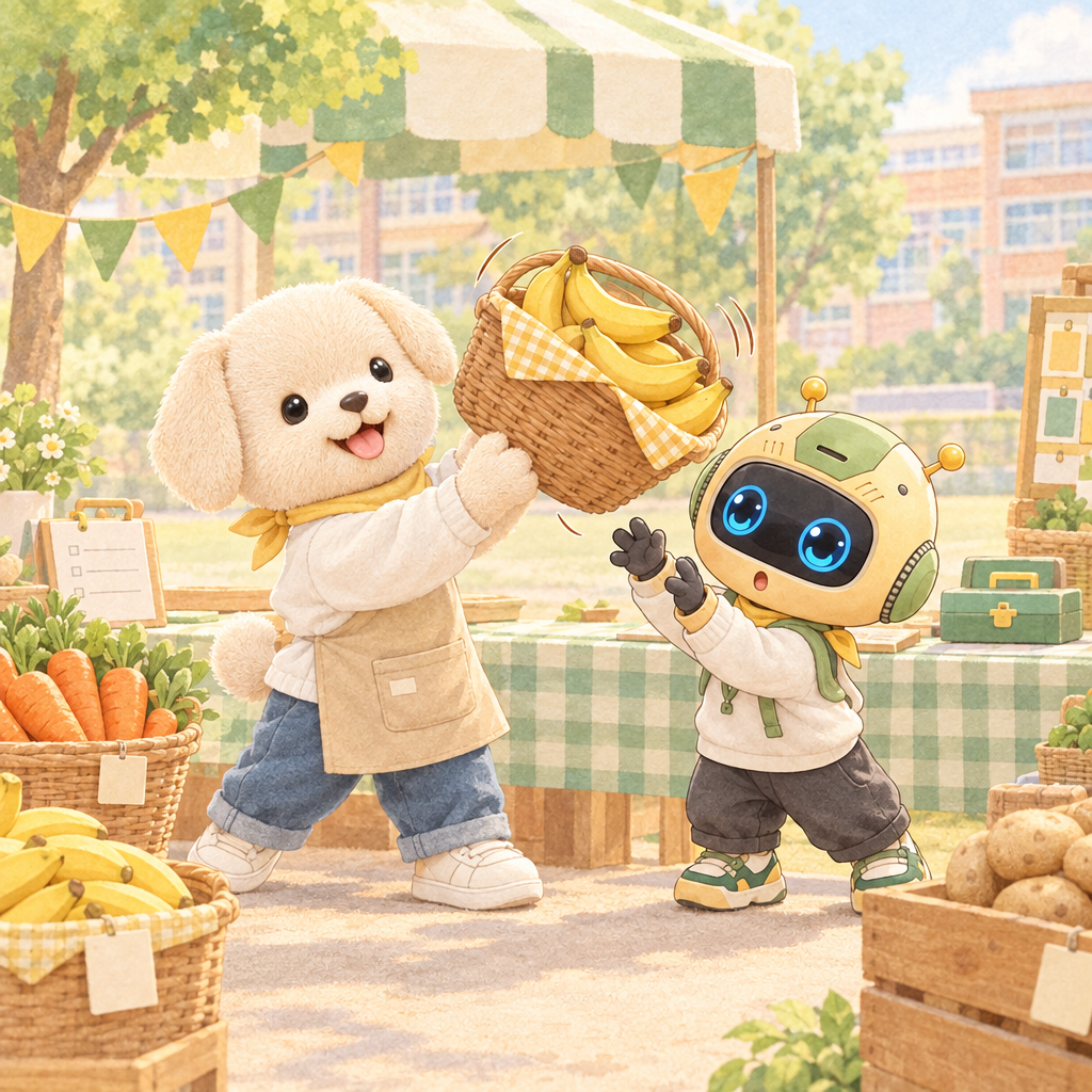 몽이 helps at the school flea market. They begin with bananas and count the real fruit.