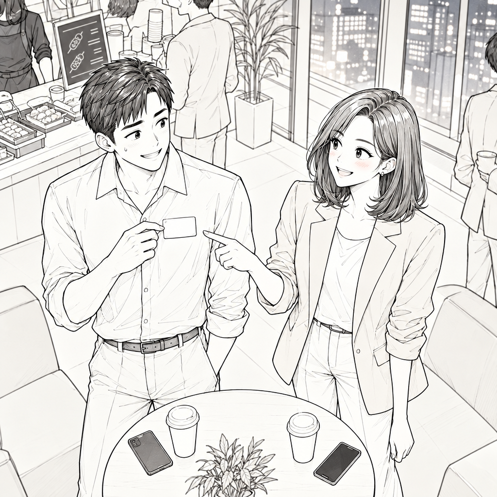 모임이 시작되자 준은 이름표부터 거꾸로 붙였습니다. 처음 만난 사람에게는 고향을 짧게 말하며 대화를 여는 것이 자연스럽습니다.