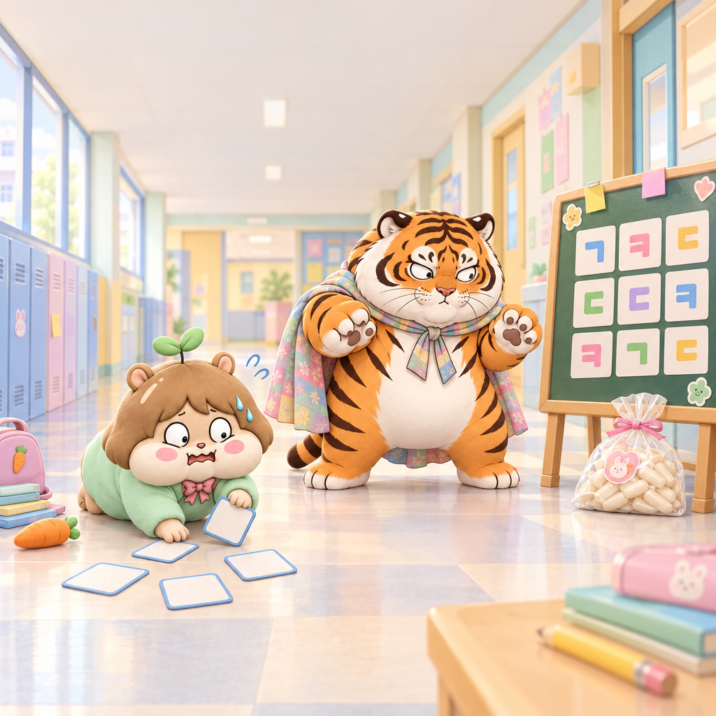 복도 게시판의 카드가 바닥에 흩어져 콩이가 다섯 장을 주웠다. ㄱ, ㄴ, ㅁ, ㅅ, ㅇ은 발음 기관의 모양을 본뜬 기본자다.