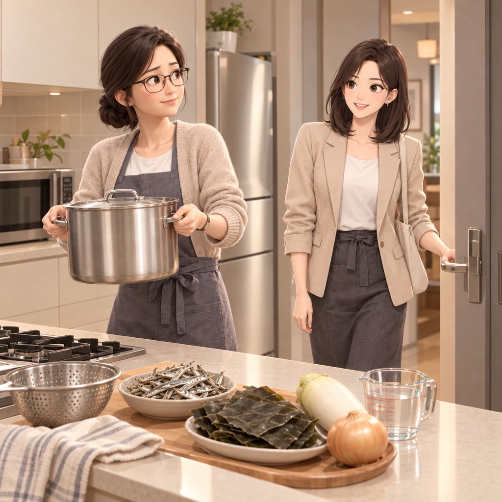 서연은 회사 동료 하나와 팀 점심용 국을 준비한다. 하나는 바쁜 서연을 돕는 동료이고, 밑국물은 국과 찌개의 바탕이 되는 국물이다.