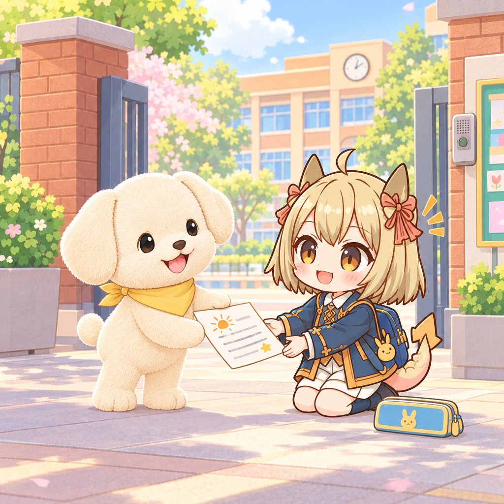 A homework sheet falls at the school gate. Homework means school work to finish at home.