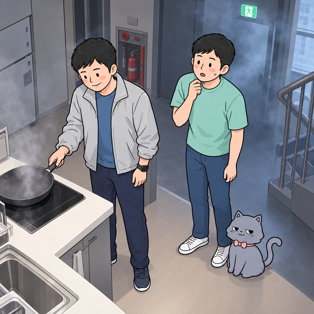 몇 분 전, 냄비 위의 연기는 얇았지만 냄새는 달라지고 있었습니다. 30대 남성은 익숙한 김으로 넘겼고, 냥냥은 냄비와 그의 얼굴을 번갈아 바라봤습니다.