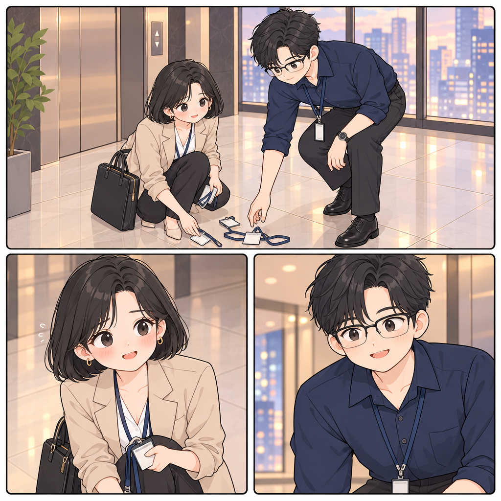 A few minutes earlier, Mina helps Jae collect dropped name tags. A small favor gives her a second chance to start the conversation.