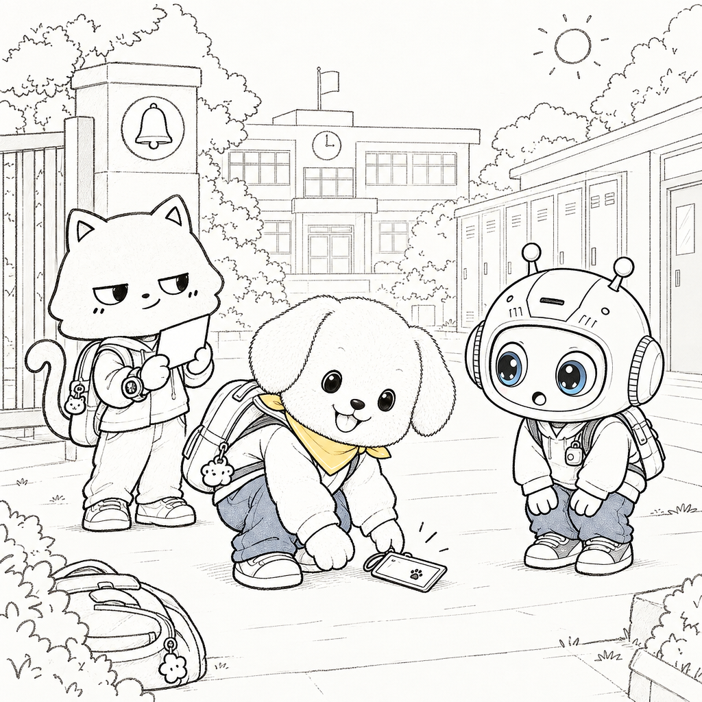 몽이 finds a name tag at the school gate. He wants to ask about a friend's feeling.