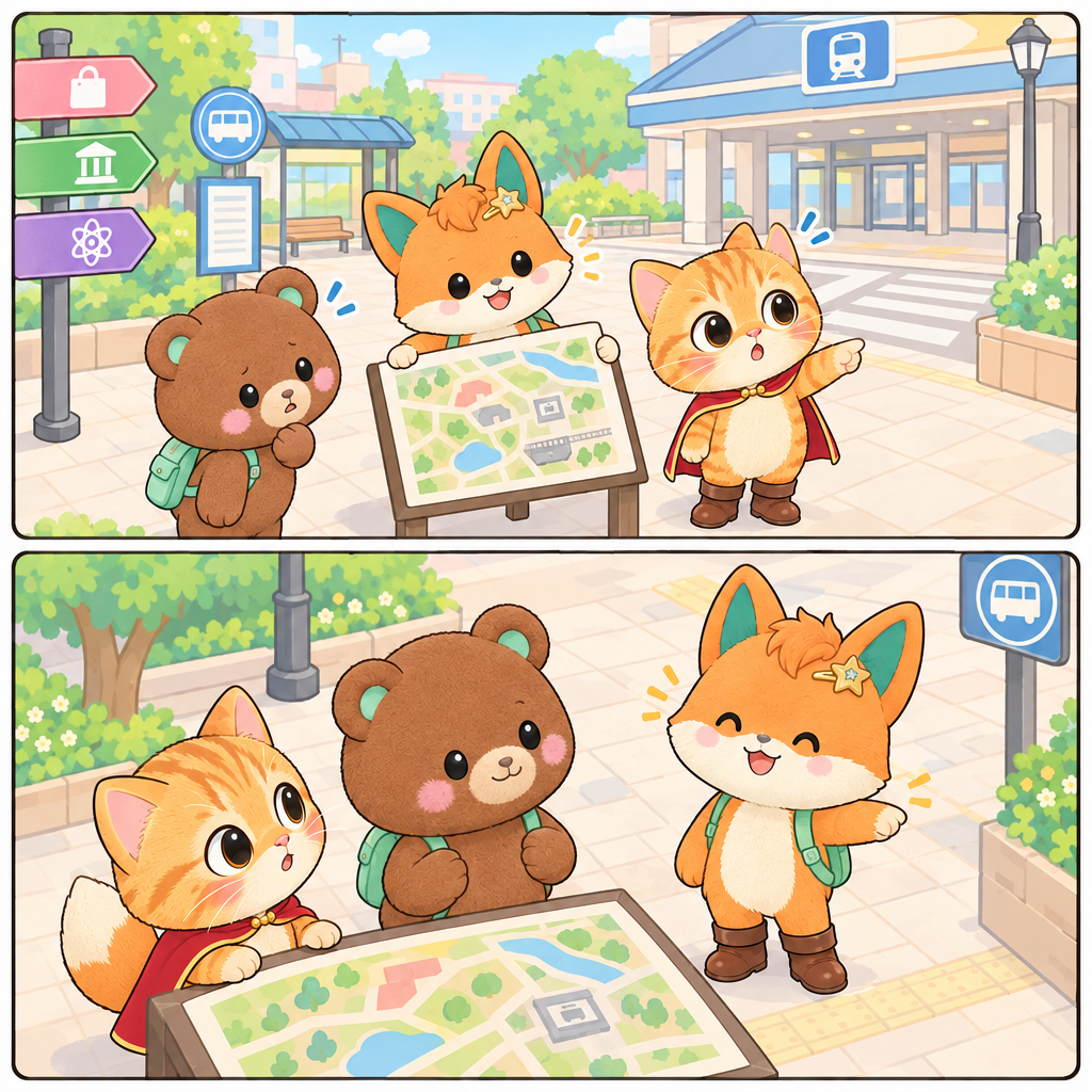三人は駅へ行くため、町の地図を見た。場所を聞くときは、「場所 は どこ ですか?」と言う。