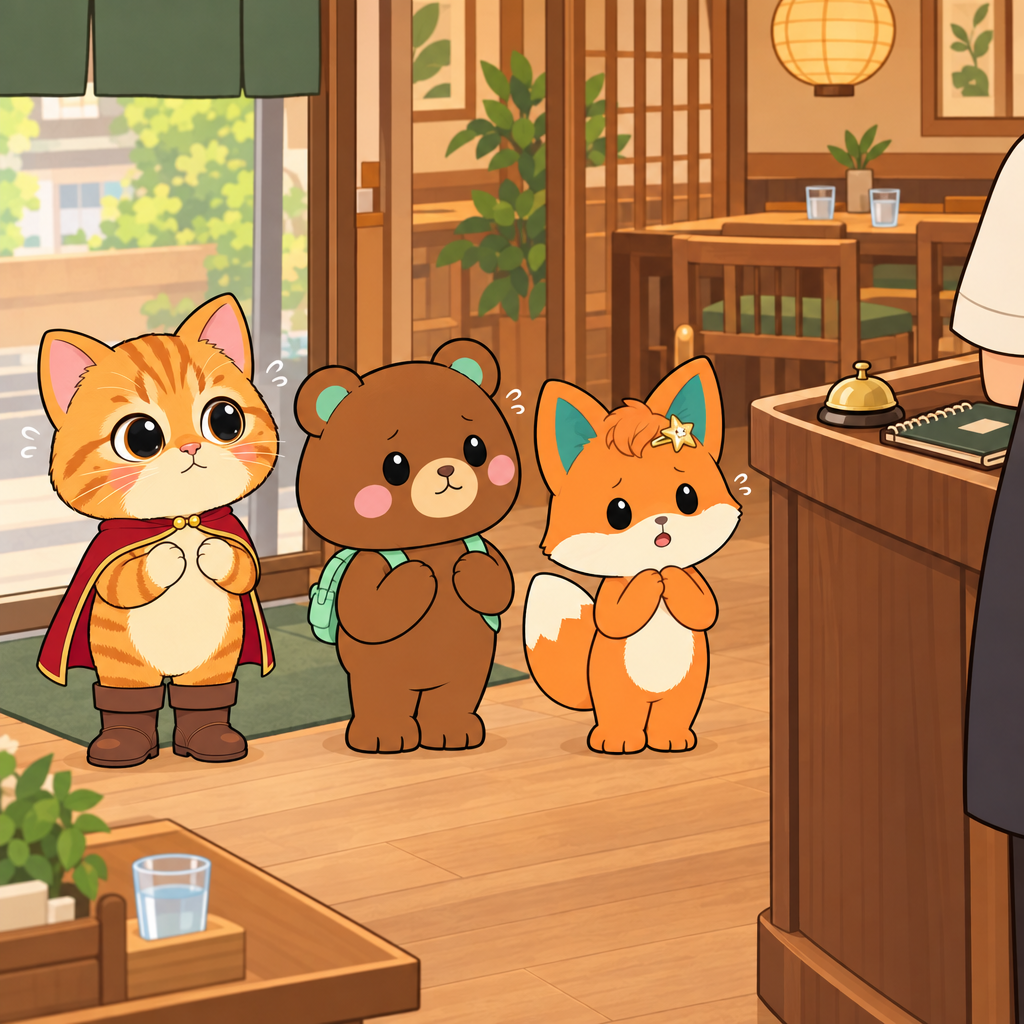 食事の前に、三人はレストランの入口に来ました。よやくは、店を先に取っておくことです。