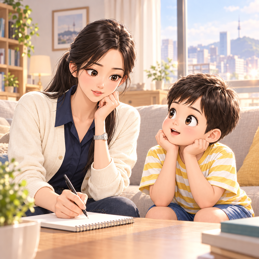 지윤은 노트에 ‘다음’을 적으며 언어 모델의 작동을 비유했다. LLM은 수많은 파라미터를 가진 인공 신경망이고, 레이블 없는 대량의 텍스트로 학습한다.