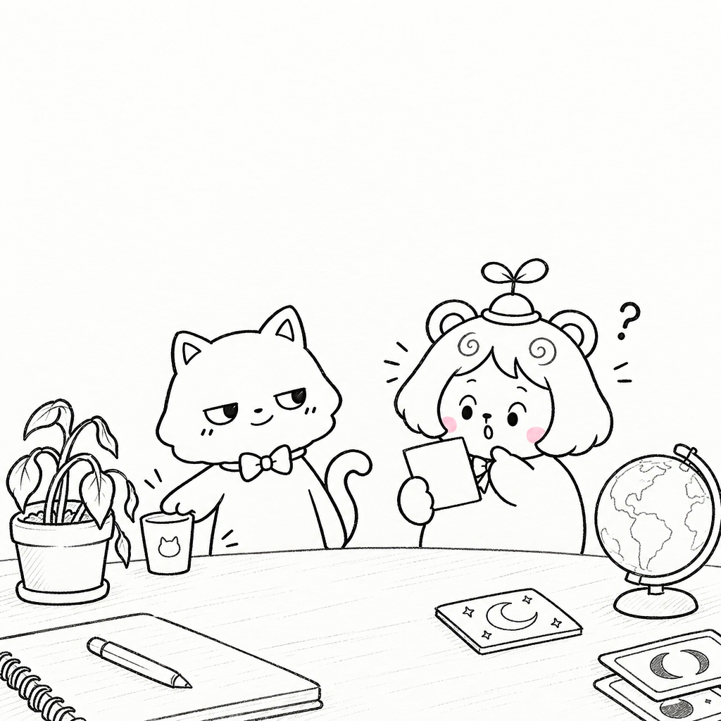 냥냥이 돌멩이 대신 물을 주자 화분이 바로 살아났다. 지구는 우리가 살고 있는 둥근 행성이며, 물과 공기가 있어 생물이 산다.