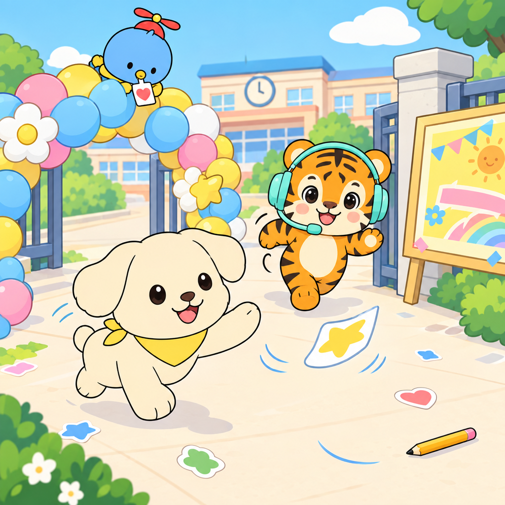 The welcome sticker flies away at the school gate. Mongi catches it before Hoya loses it.