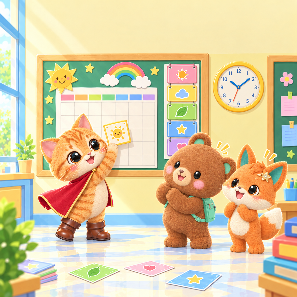 ブーツは正しいカードを貼って、騒ぎを止めた。きょうは今日、げつようびは月曜日で、文の中で一緒に使える。