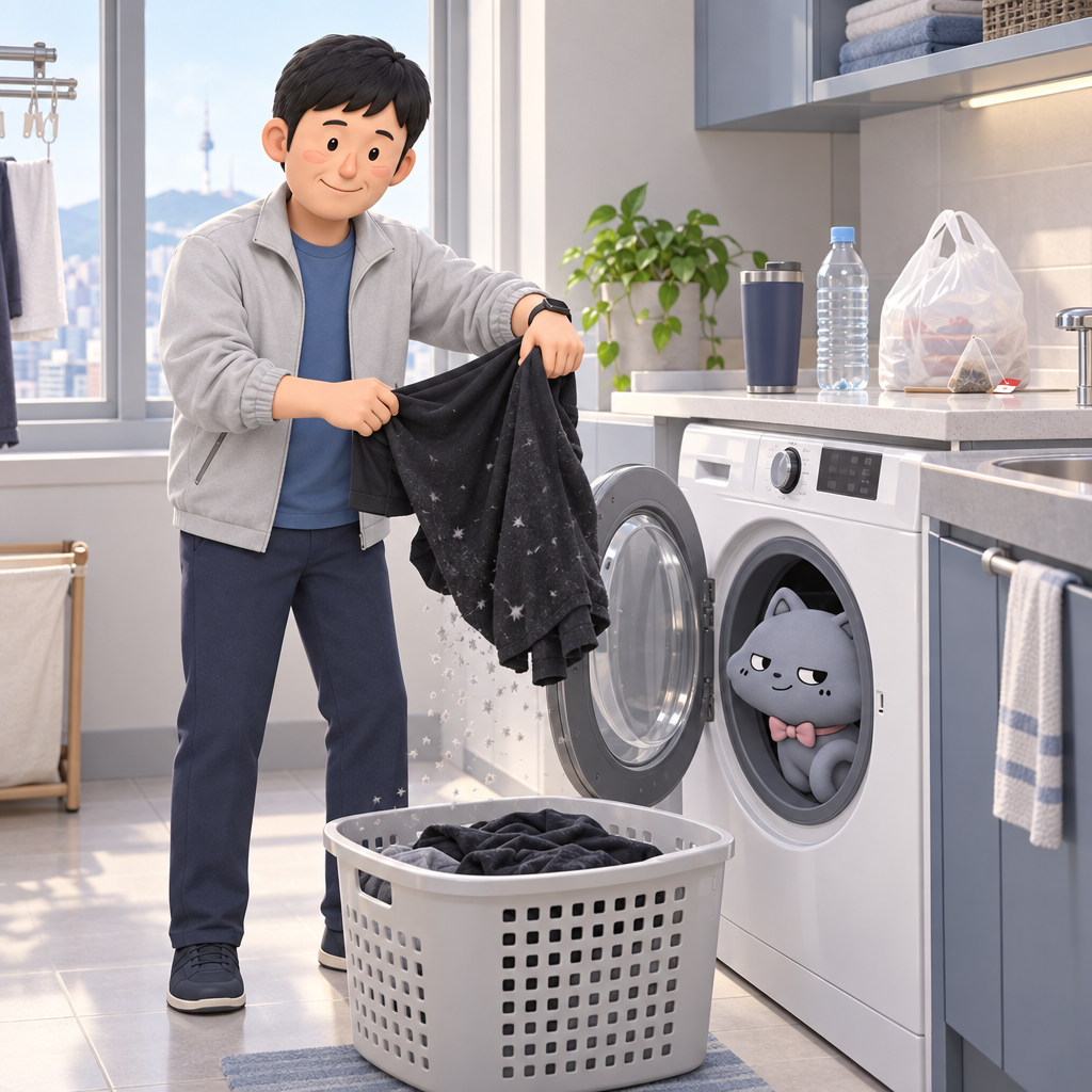 아침 세탁실에서 먼지처럼 보이는 조각이 흩어집니다. 미세 플라스틱은 물에 녹지 않는 합성 고형 입자입니다.