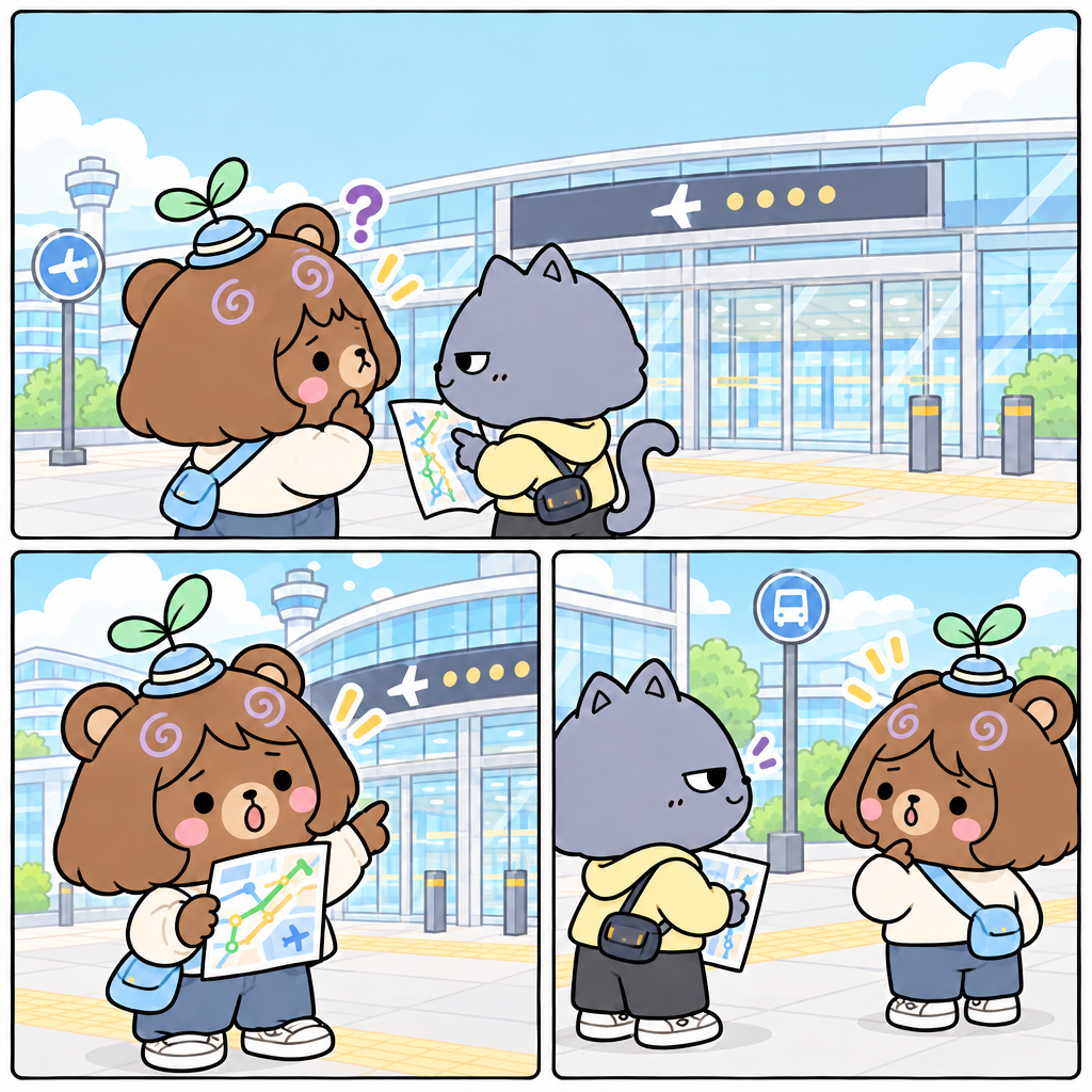 The giant airport entrance is right behind Ggomgom, so the first direction problem is solved. A map can help only when it is held the right…