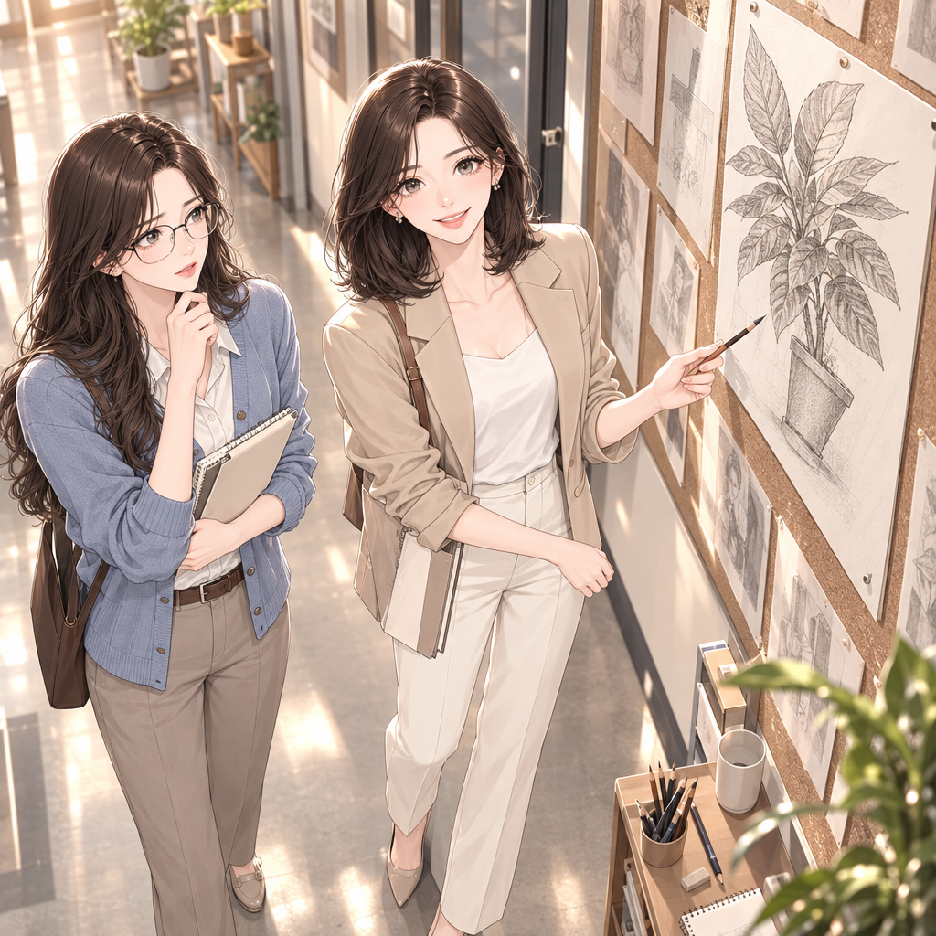 복도 핀보드에 붙인 하나의 시연안은 세부만 완성되어 있었다. 세부부터 그리면 전체 균형이 깨지기 쉬우므로 큰 윤곽과 형태를 먼저 잡고 비례를 확인해야 한다.