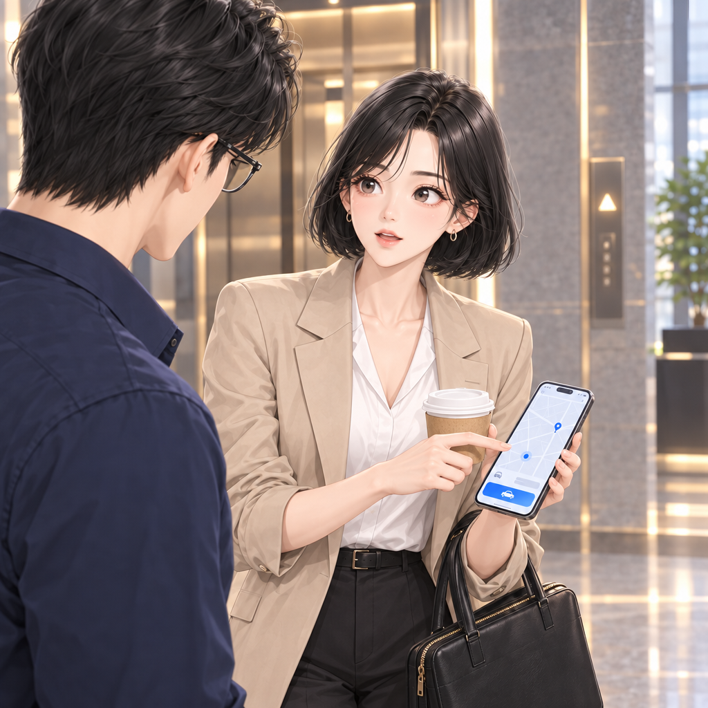 A clear destination includes the street address and floor. Mina practices the full request before the taxi arrives.